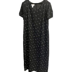 Talbots Maxi Black/White Grid Floral Print Short-Sleeve Dress14 Back-slit 16”